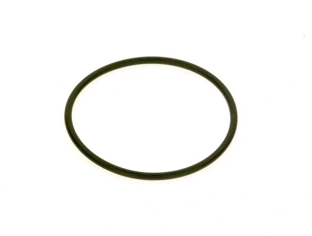 Schwarzer O-Ring von Bosch, kreisförmige Dichtung, auf weißem Hintergrund.